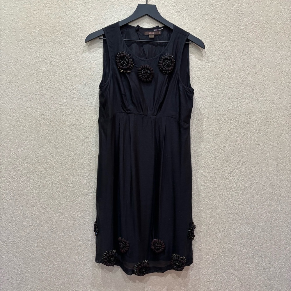 Reiss Black Sleeveless Dress With Floral Embellishments Silk Blend Size 12